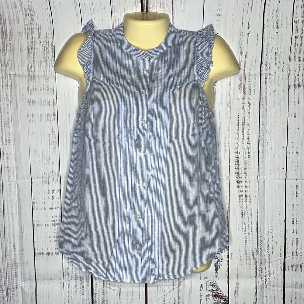 J. Crew NWT Size 0 Blue & White Stripe Linen Blend Button Down Tank Top Shirt